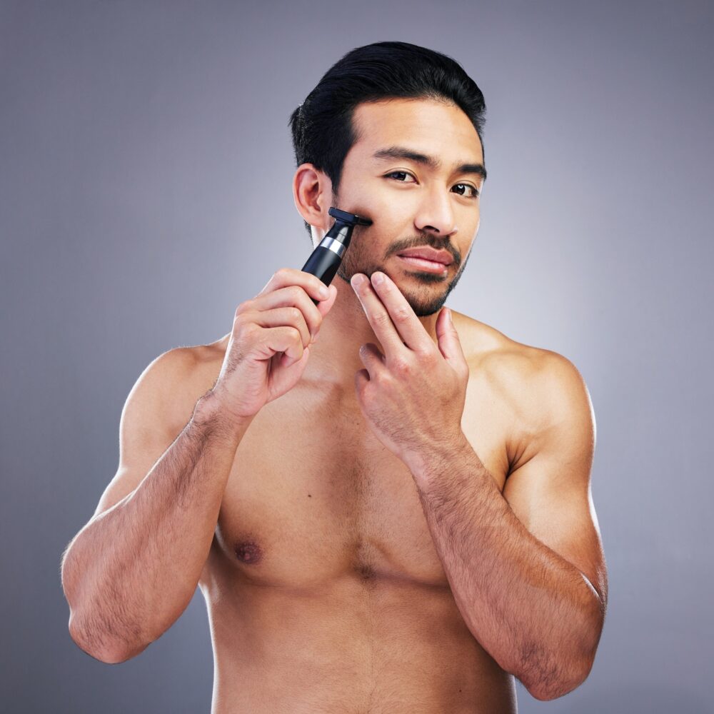 Beard hair, trimmer and portrait of man with bathroom routine, wellness grooming and cosmetics skin